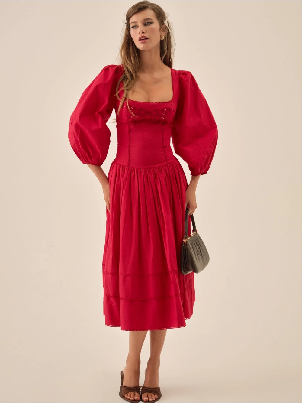 $329 NWT For Love And Lemons “Betsy” Bow Midi Dress in Red Sz X-Large